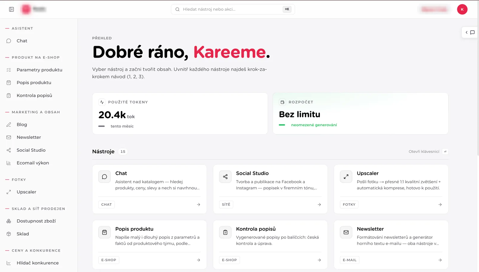 Přehled nástrojů v aplikaci, kterou Kareem postavil